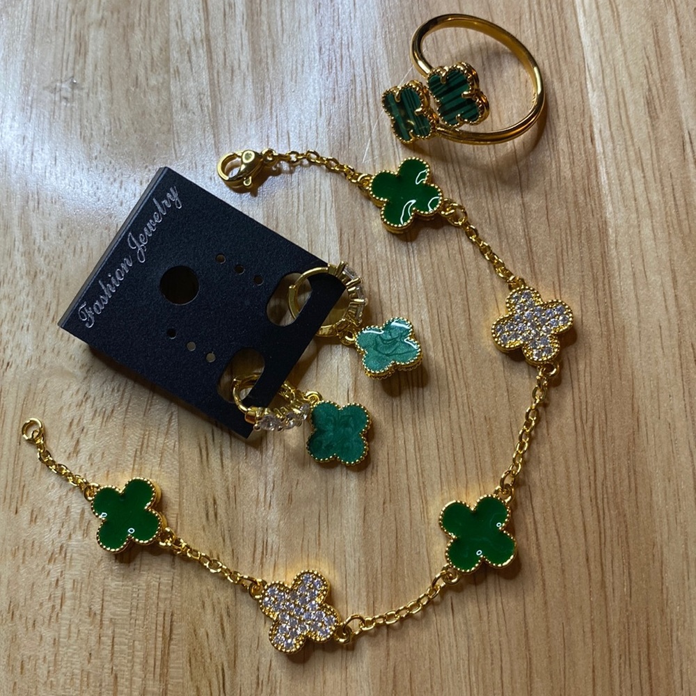green clover bracelet, ring & earrings
